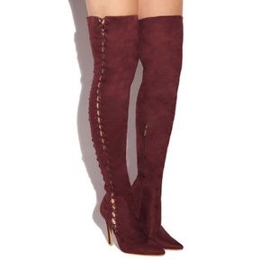 Burgundy Thigh High Lace Up Stiletto